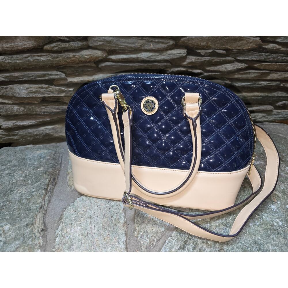 Anne Klein Navy and Tan Bowler Purse